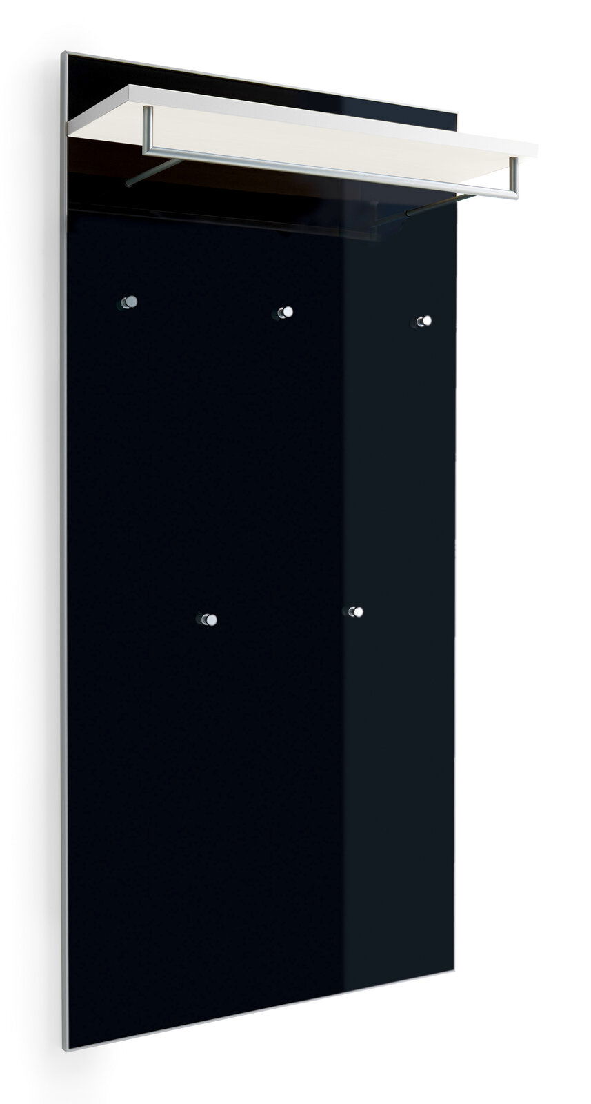 Schwarzes XL-Garderobenpaneel mit Ablage und Haken, seitliche Perspektive