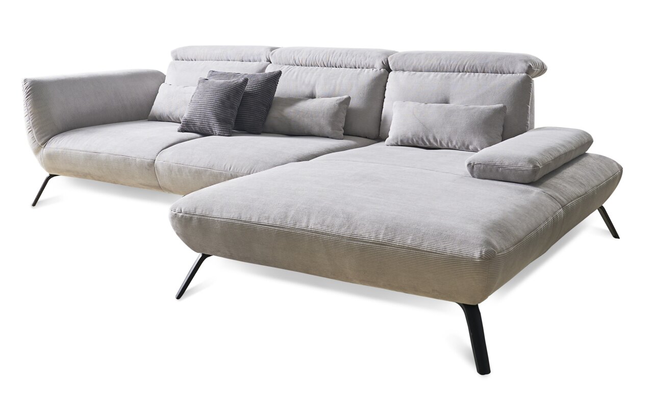 StepOne Ecksofa BERWIK Graues Ecksofa mit verstellbaren Kopfstützen und schwarzen Metallfüßen, seitliche Perspektive