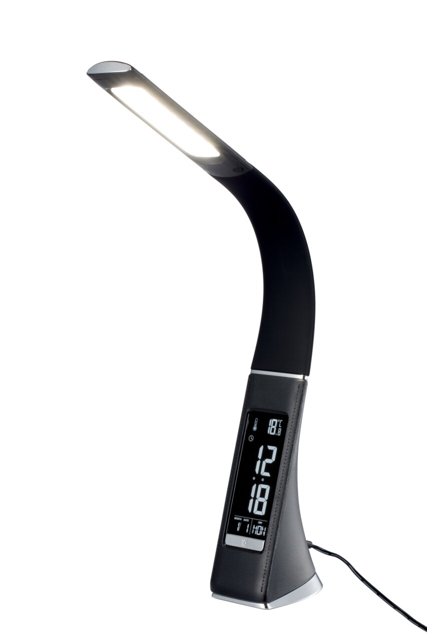 Moderne LED-Schreibtischleuchte mit flexiblem Hals und integriertem Display, seitliche Perspektive