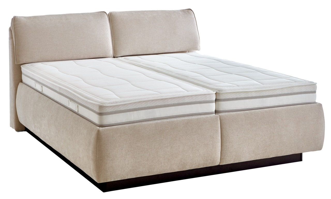 Beiges Polsterbett mit zwei Matratzen, seitliche Perspektive