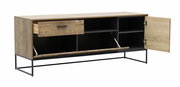 TV-Lowboard MANHATTAN aus Holz mit Metallgestell, geöffnete Schublade und Türen, seitliche Perspektive