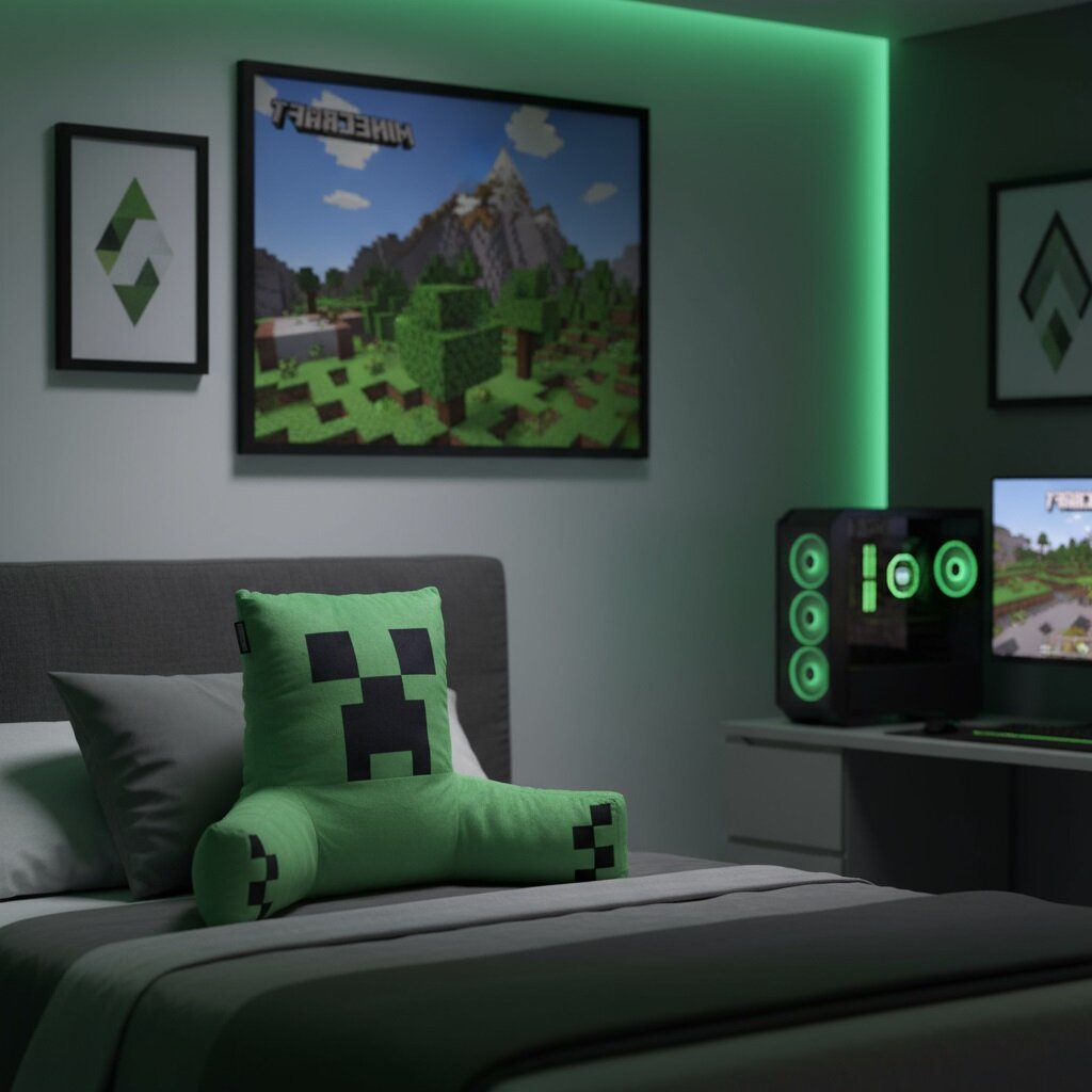 Grünes Minecraft Creeper-Kissen als Rückenstütze auf einem grauen Bett, im Hintergrund Gaming-Setup mit grünem LED-Licht und Minecraft-Poster, Perspektive: leicht schräg von vorne.