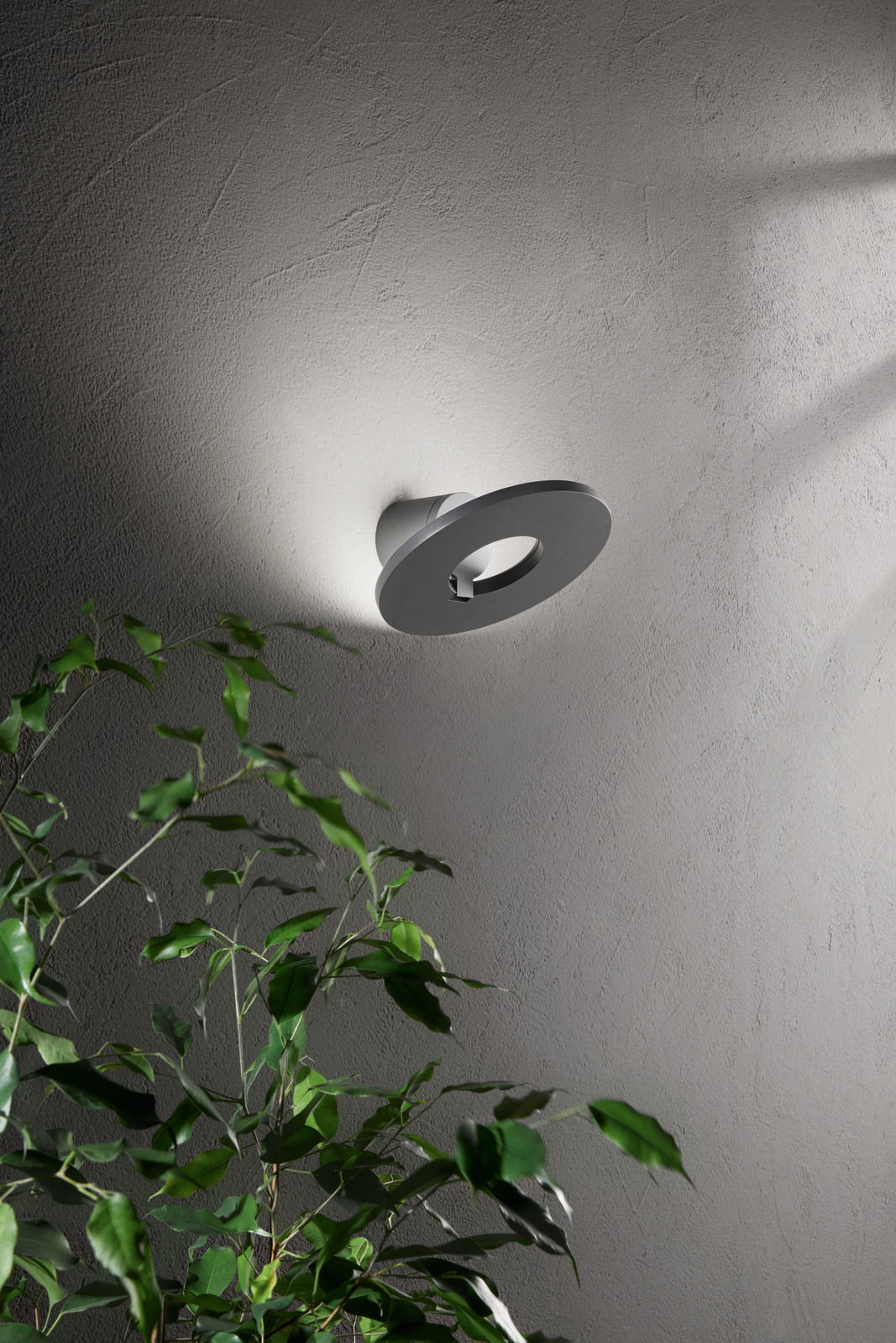 Moderne LED-Außenwandleuchte an einer Wand, seitliche Perspektive, mit Pflanzen im Vordergrund.