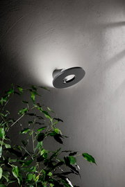 Moderne LED-Außenwandleuchte an einer Wand, seitliche Perspektive, mit Pflanzen im Vordergrund.