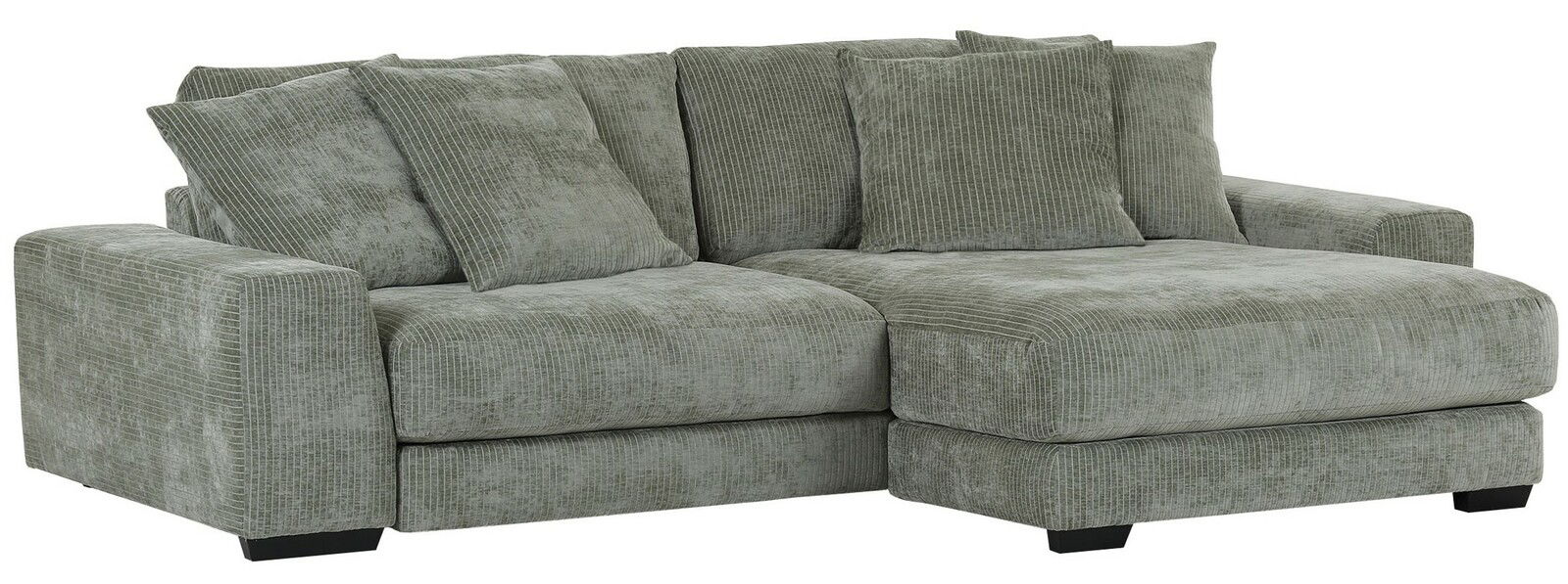 Grünes Ecksofa mit mehreren Kissen, Vorderansicht