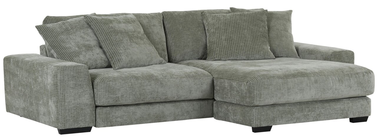 Grünes Ecksofa mit mehreren Kissen, Vorderansicht