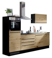 Moderne Küchenzeile in Holzoptik mit integriertem Backofen, Dunstabzugshaube und Spüle, seitliche Perspektive