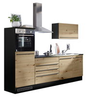 Moderne Küchenzeile in Holzoptik mit integriertem Backofen, Dunstabzugshaube und Spüle, seitliche Perspektive