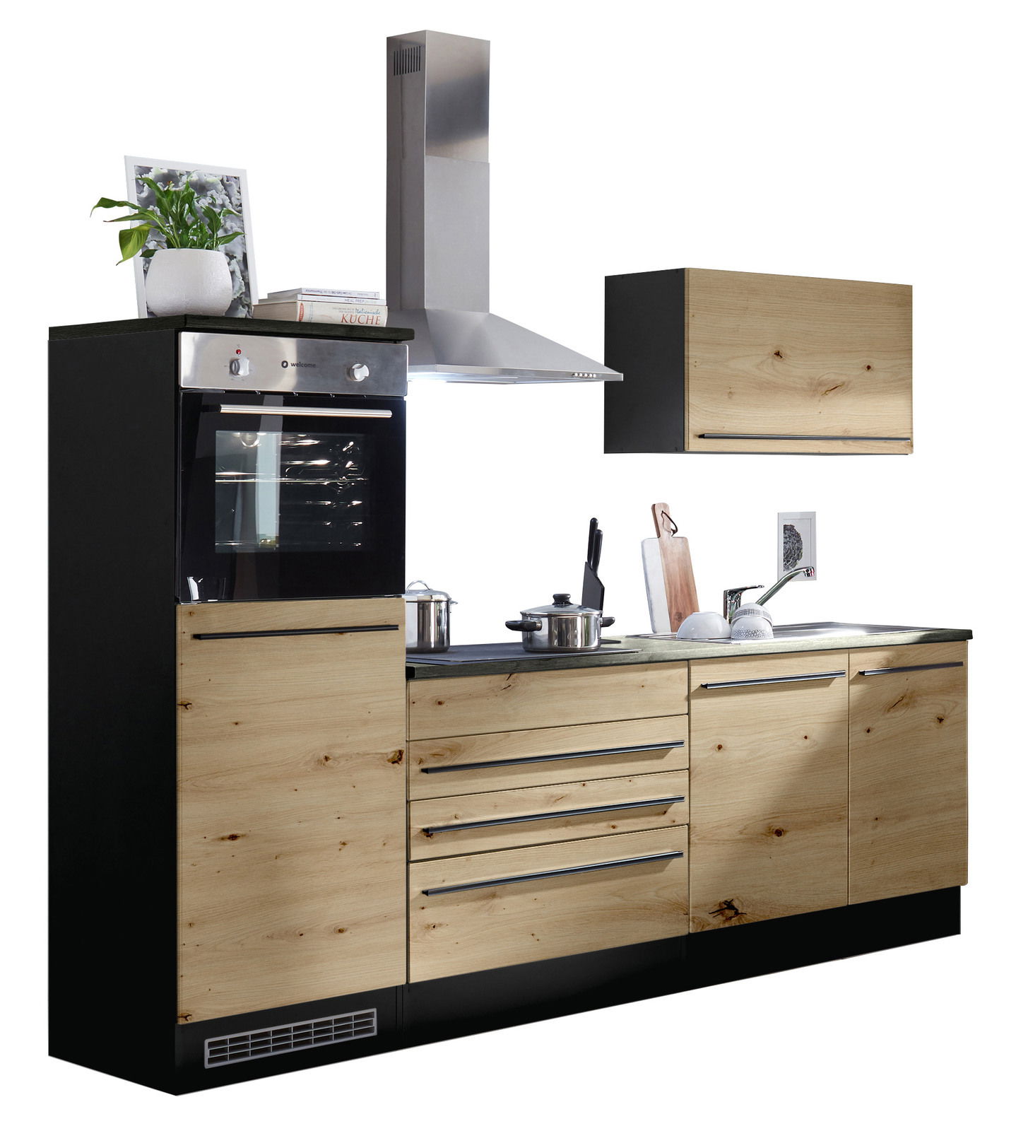 Moderne Küchenzeile in Holzoptik mit integriertem Backofen, Dunstabzugshaube und Spüle, seitliche Perspektive