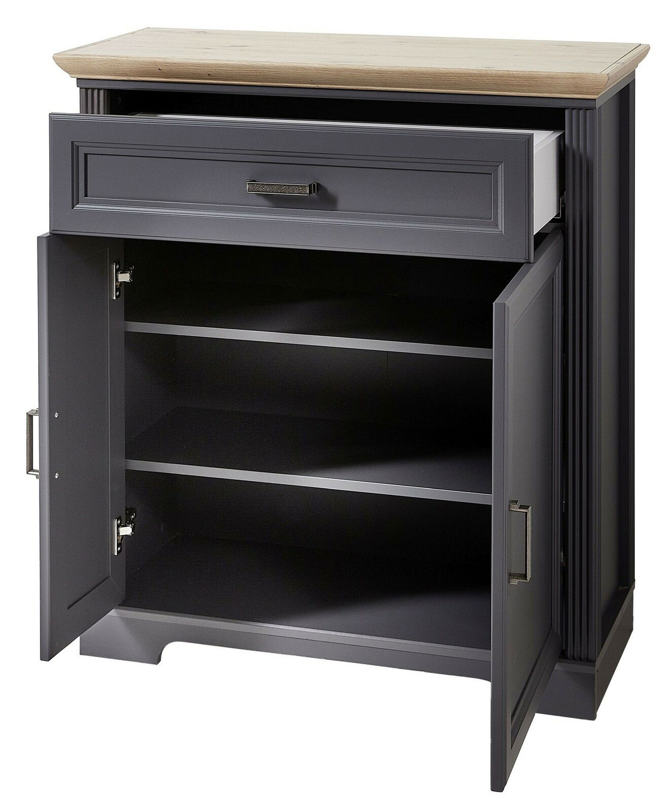 Schuhschrank mit geöffneter Schublade und Türen, Ansicht von vorne, graue Farbe mit Holzoberfläche.