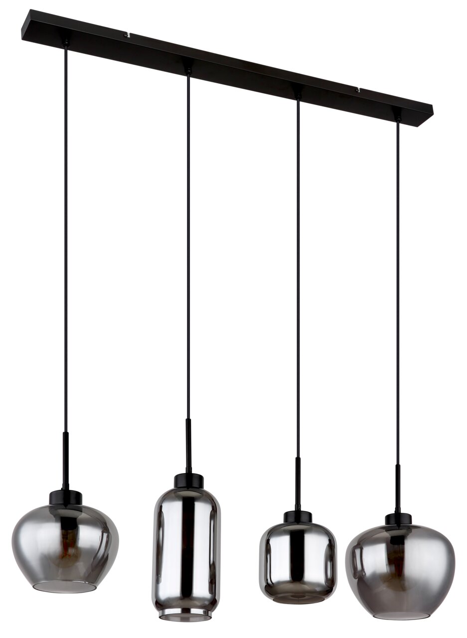 Moderne Hängeleuchte mit vier unterschiedlich geformten, rauchgrauen Glasschirmen, seitliche Perspektive