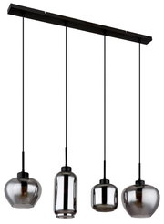 Moderne Hängeleuchte mit vier unterschiedlich geformten, rauchgrauen Glasschirmen, seitliche Perspektive