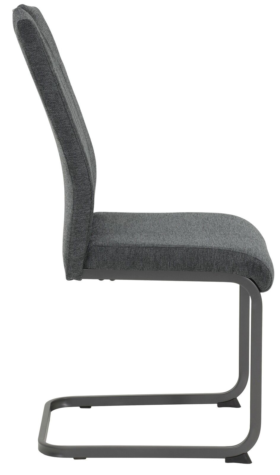 Seitenansicht eines grauen Schwingstuhls mit Metallgestell.