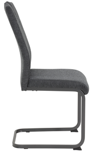 Seitenansicht eines grauen Schwingstuhls mit Metallgestell.