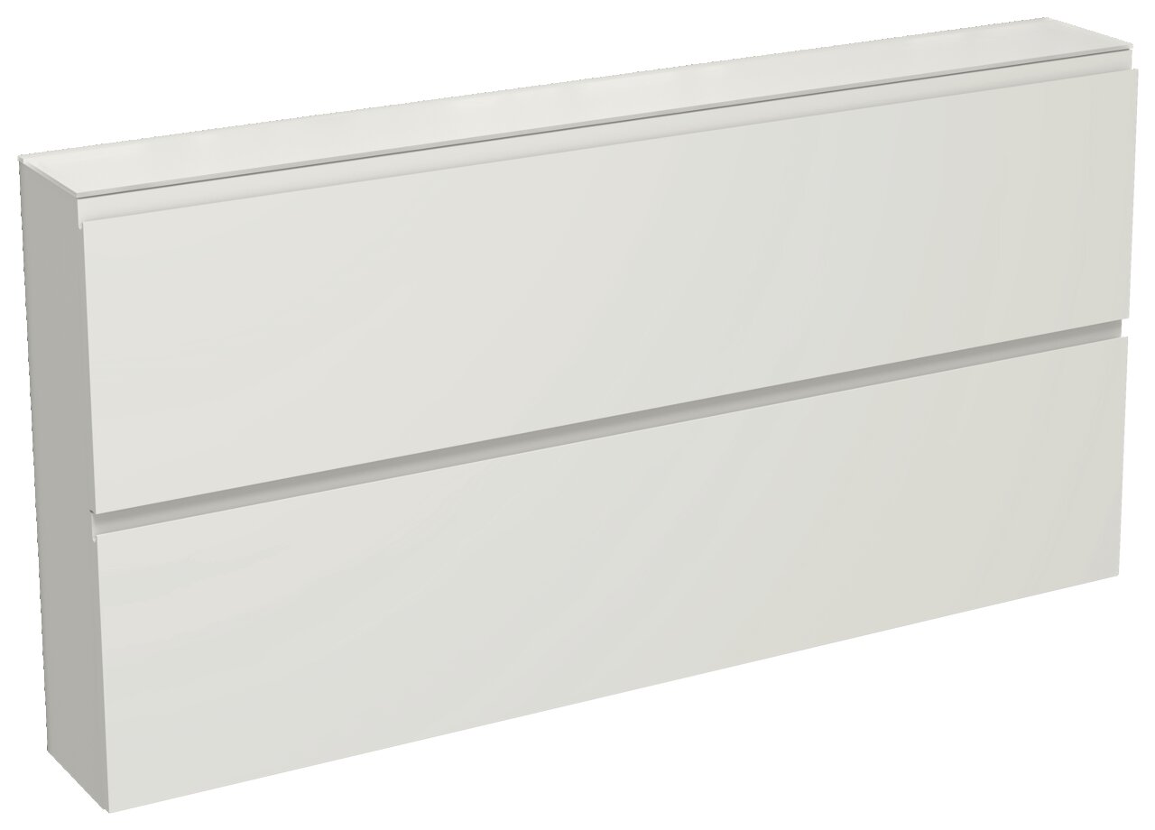 Weiße, moderne Garderobenkommode mit zwei Schubladen, seitliche Perspektive