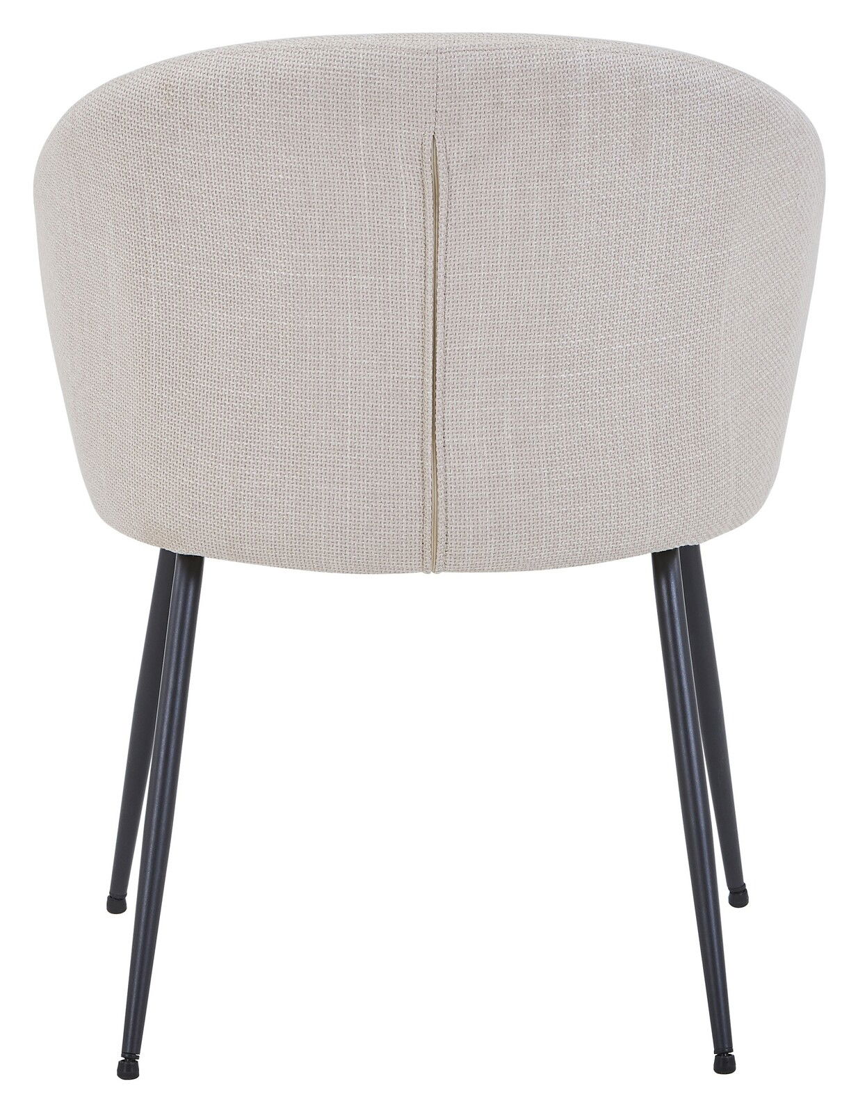 Rückansicht eines modernen Stuhls mit beigem Stoffbezug und schwarzen Metallbeinen.