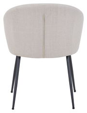 Rückansicht eines modernen Stuhls mit beigem Stoffbezug und schwarzen Metallbeinen.