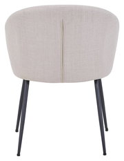 Rückansicht eines modernen Stuhls mit beigem Stoffbezug und schwarzen Metallbeinen.