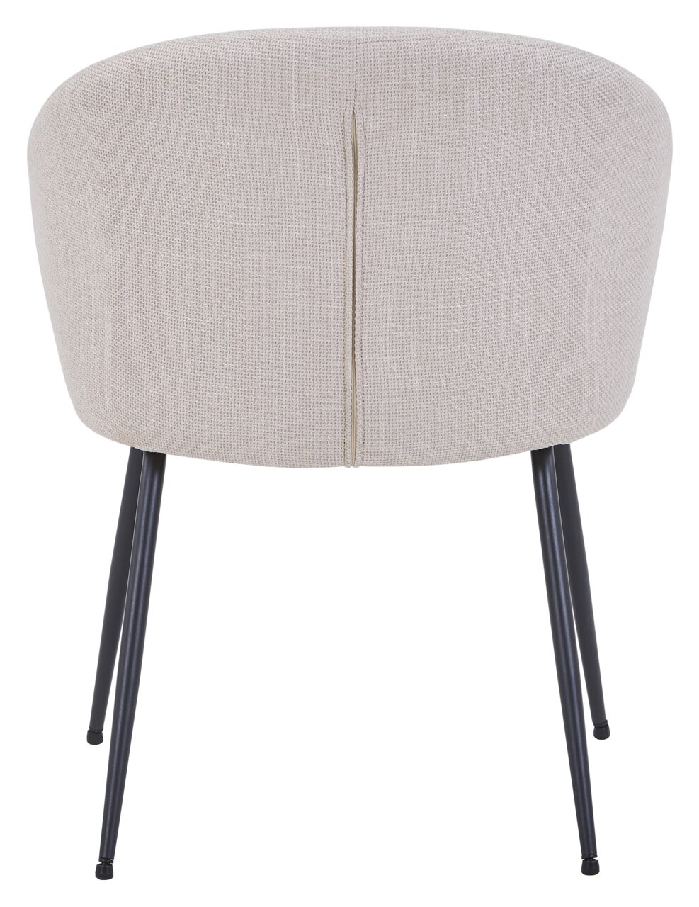 Rückansicht eines modernen Stuhls mit beigem Stoffbezug und schwarzen Metallbeinen.