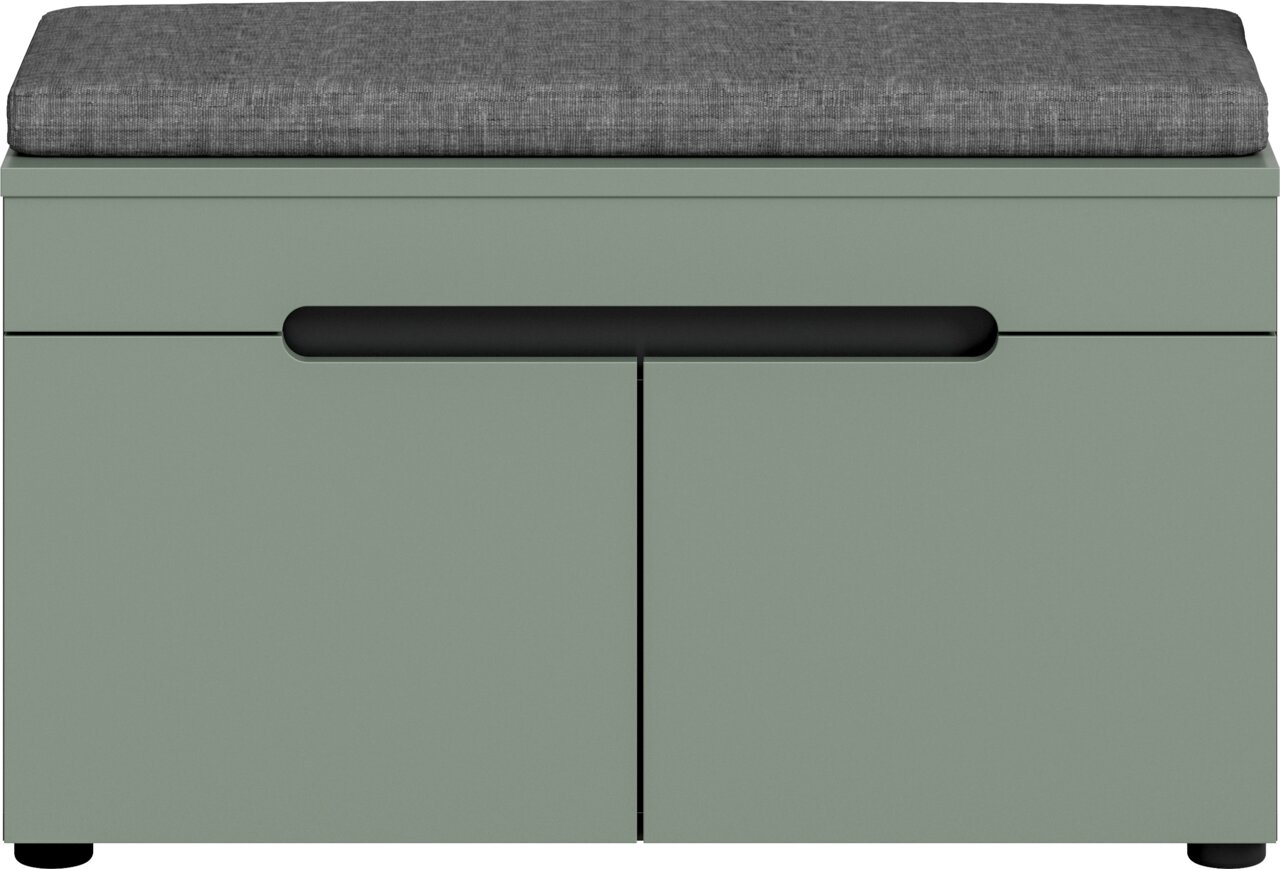Modernes Schuhregal/Flurschrank in Salbeigrün mit grauem Sitzkissen und schwarzer Griffleiste, Frontansicht