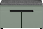 Modernes Schuhregal/Flurschrank in Salbeigrün mit grauem Sitzkissen und schwarzer Griffleiste, Frontansicht