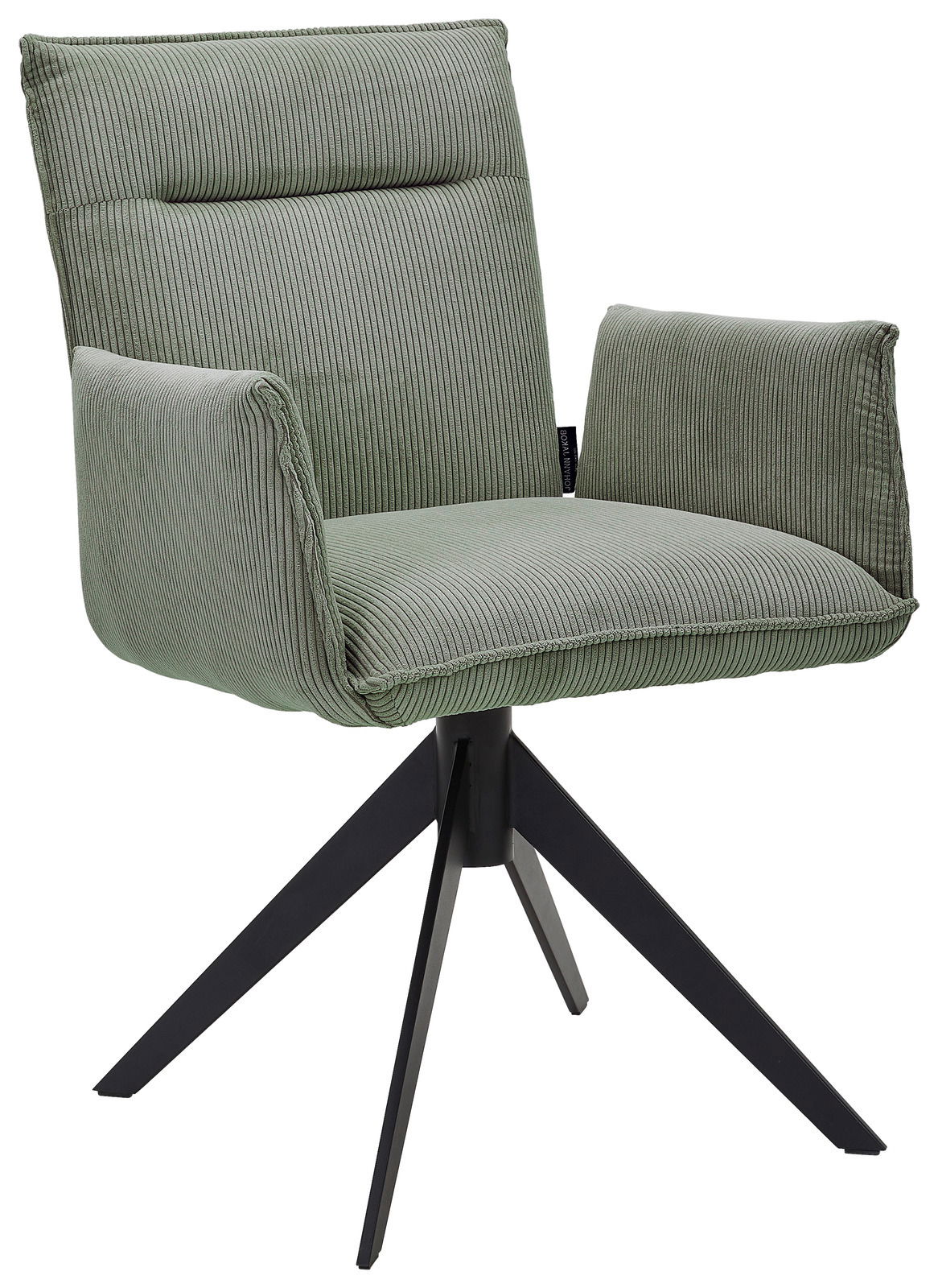 Johann Jakob Armlehnstuhl CALAS Grüner Armlehnstuhl mit geripptem Stoffbezug und schwarzem Metallgestell, seitliche Perspektive