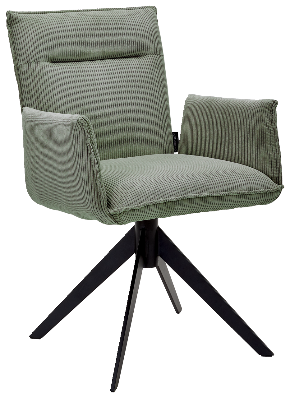 Johann Jakob Armlehnstuhl CALAS Grüner Armlehnstuhl mit geripptem Stoffbezug und schwarzem Metallgestell, seitliche Perspektive