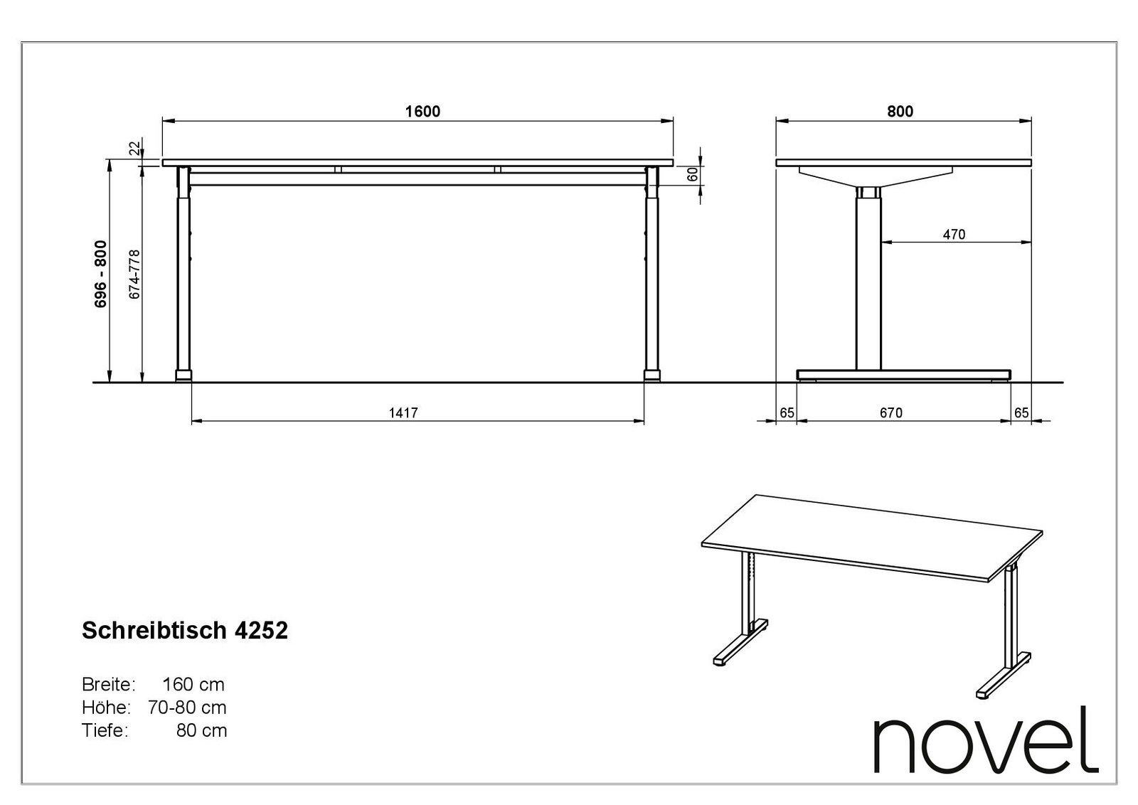 Technische Zeichnung eines höhenverstellbaren Schreibtisches mit den Maßen 160 cm Breite, 70-80 cm Höhe und 80 cm Tiefe, seitliche und frontale Ansicht.