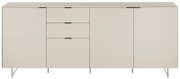 Minimalistisches Sideboard in Beige mit vier Türen und zwei mittigen Schubladen, schwarzen Griffleisten und schlanken Metallfüßen, Frontansicht.