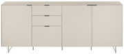 Minimalistisches Sideboard in Beige mit vier Türen und zwei mittigen Schubladen, schwarzen Griffleisten und schlanken Metallfüßen, Frontansicht.