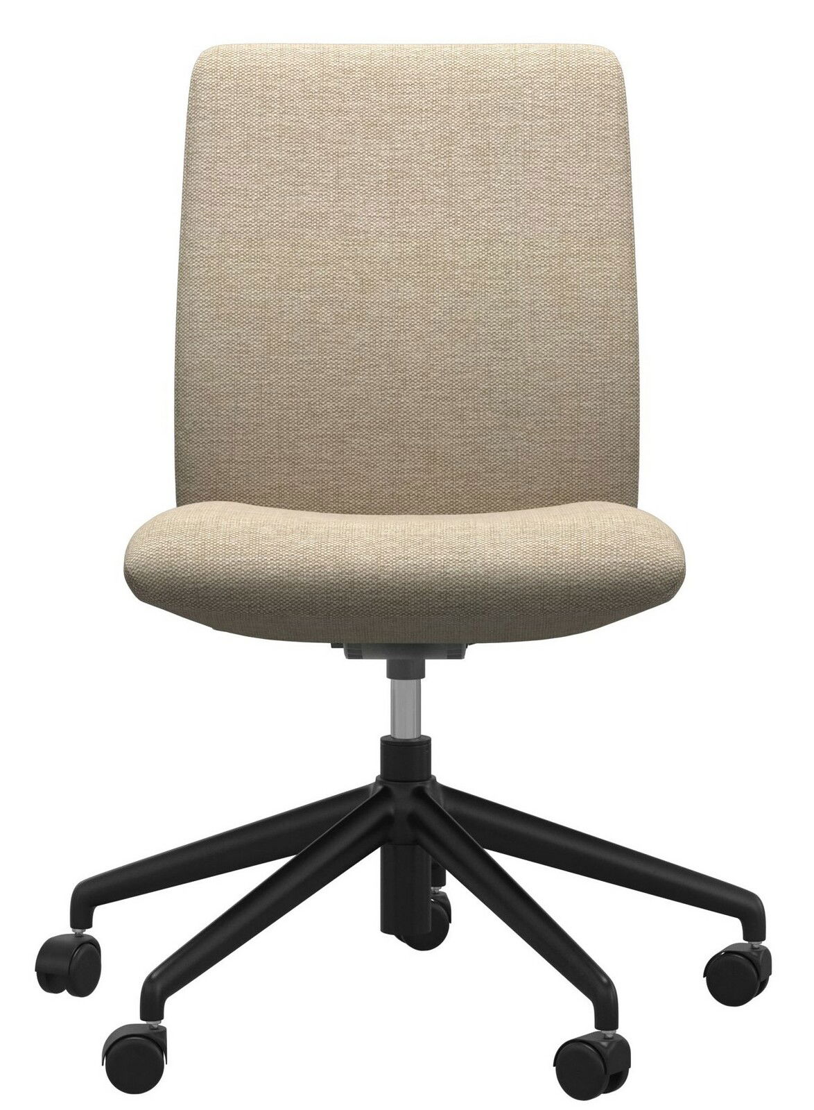 Moderner Home Office Stuhl in Beige mit schwarzem Drehfuß, Frontalansicht