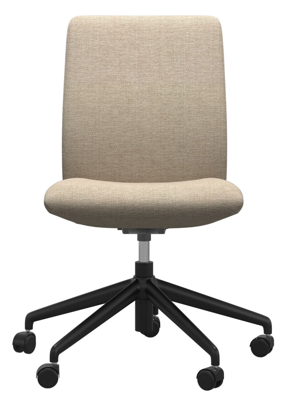 Moderne thuiskantoorstoel in beige met zwart draaipoot, vooraanzicht