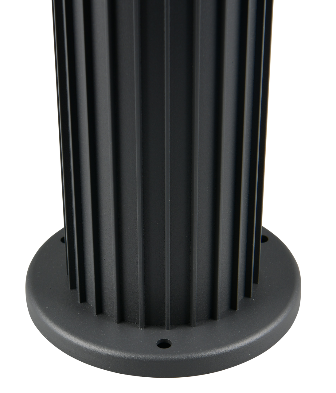 Trio Leuchten Aussen-Sockelleuchte VOLGA Nahaufnahme der Basis einer schwarzen Außen-Sockelleuchte mit geriffeltem Design.