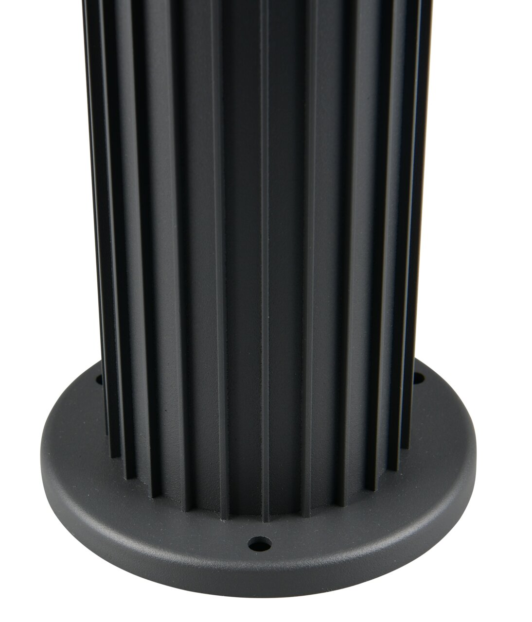 Trio Leuchten Aussen-Sockelleuchte VOLGA Nahaufnahme der Basis einer schwarzen Außen-Sockelleuchte mit geriffeltem Design.