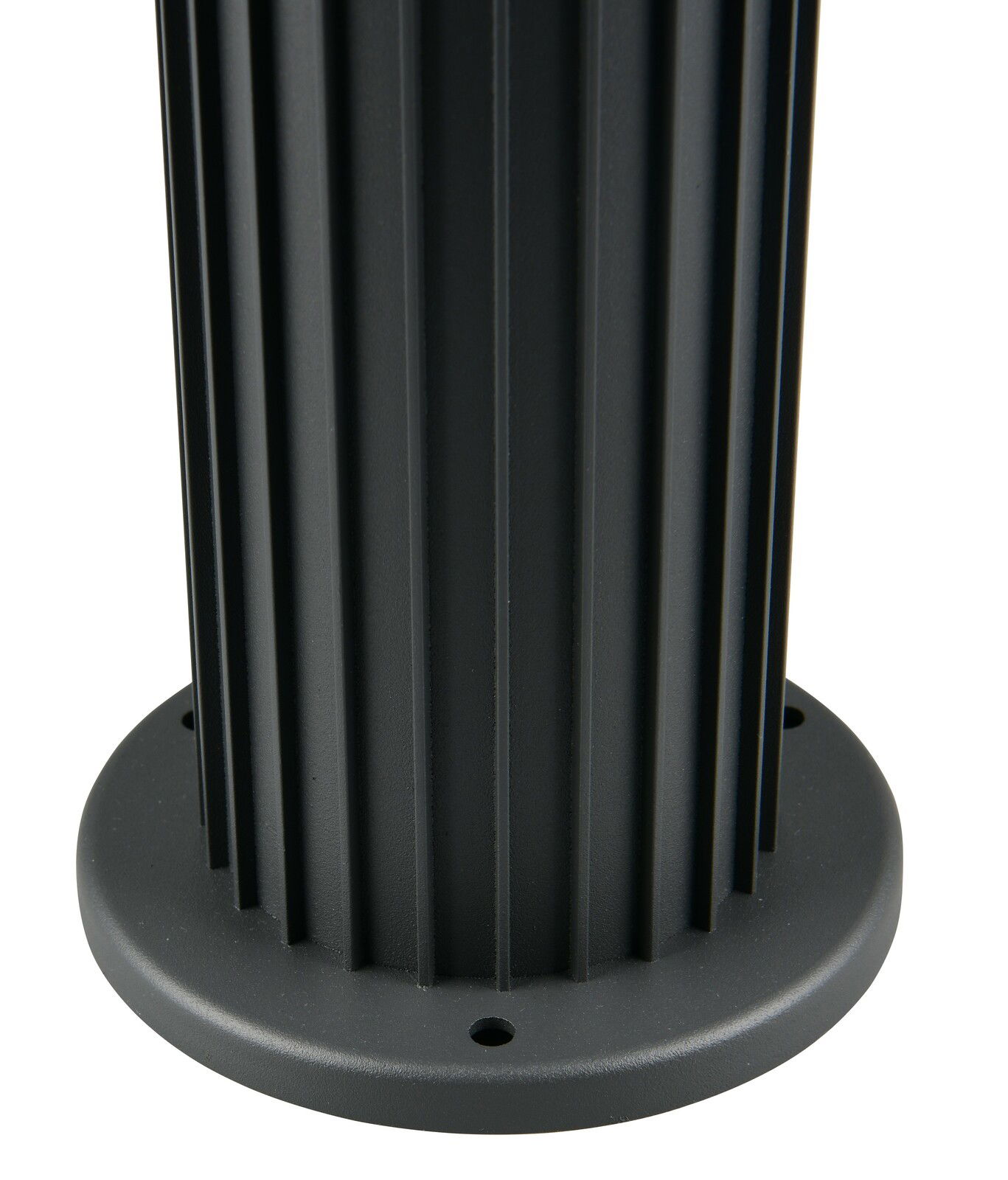 Trio Leuchten Aussen-Sockelleuchte VOLGA Nahaufnahme der Basis einer schwarzen Außen-Sockelleuchte mit geriffeltem Design.
