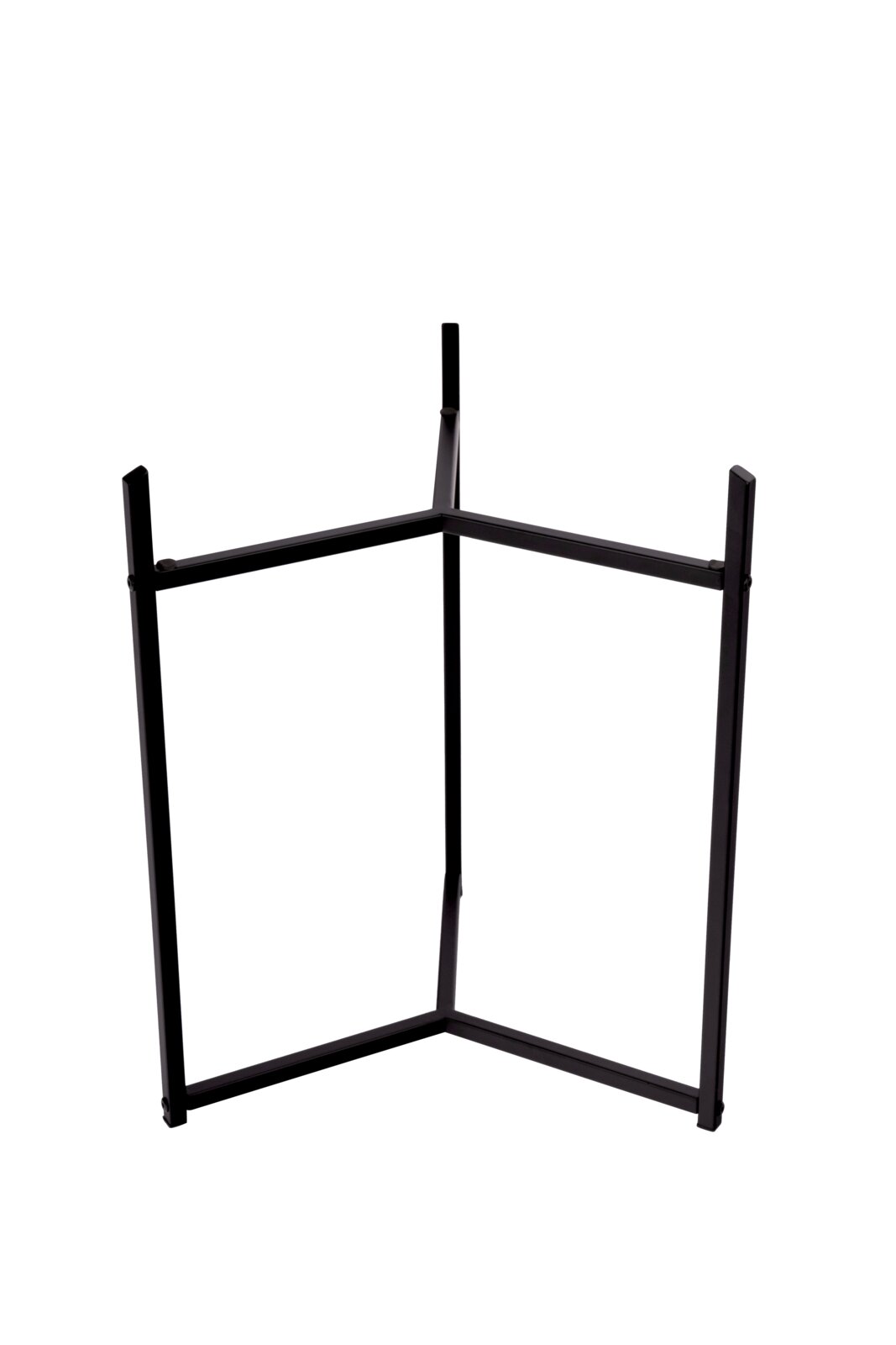 Zwart, minimalistisch metalen tafelonderstel met vier poten en een vierkant frame, vrijstaand tegen een witte achtergrond, perspectief: vooraanzicht, licht van bovenaf