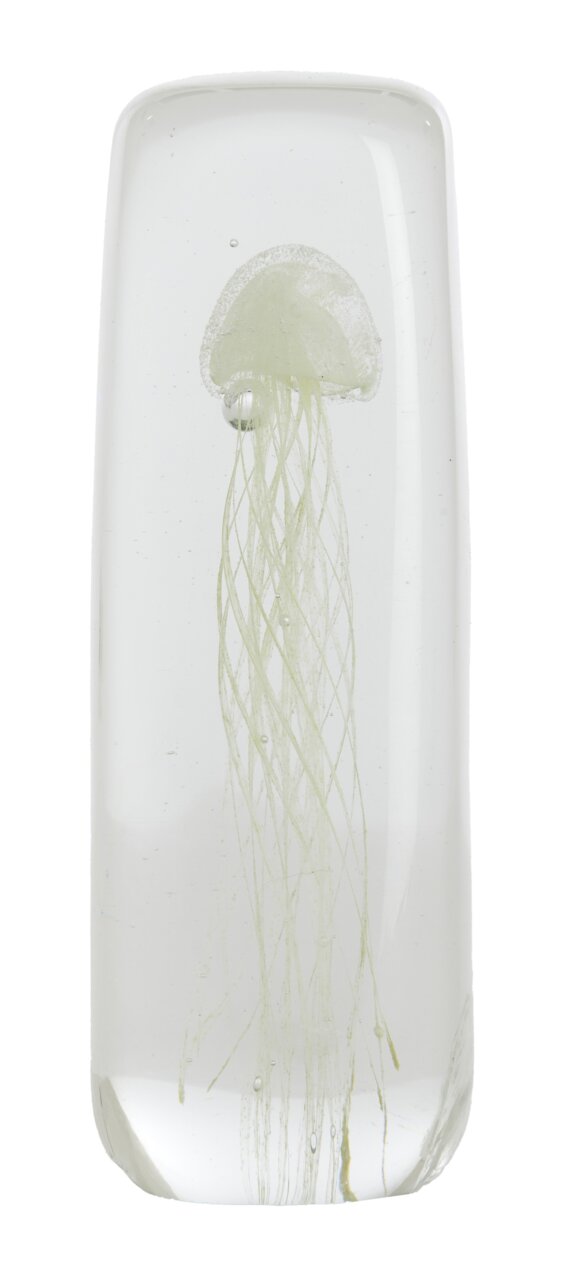 Glasornament mit einer eingearbeiteten Qualle, frontal betrachtet.