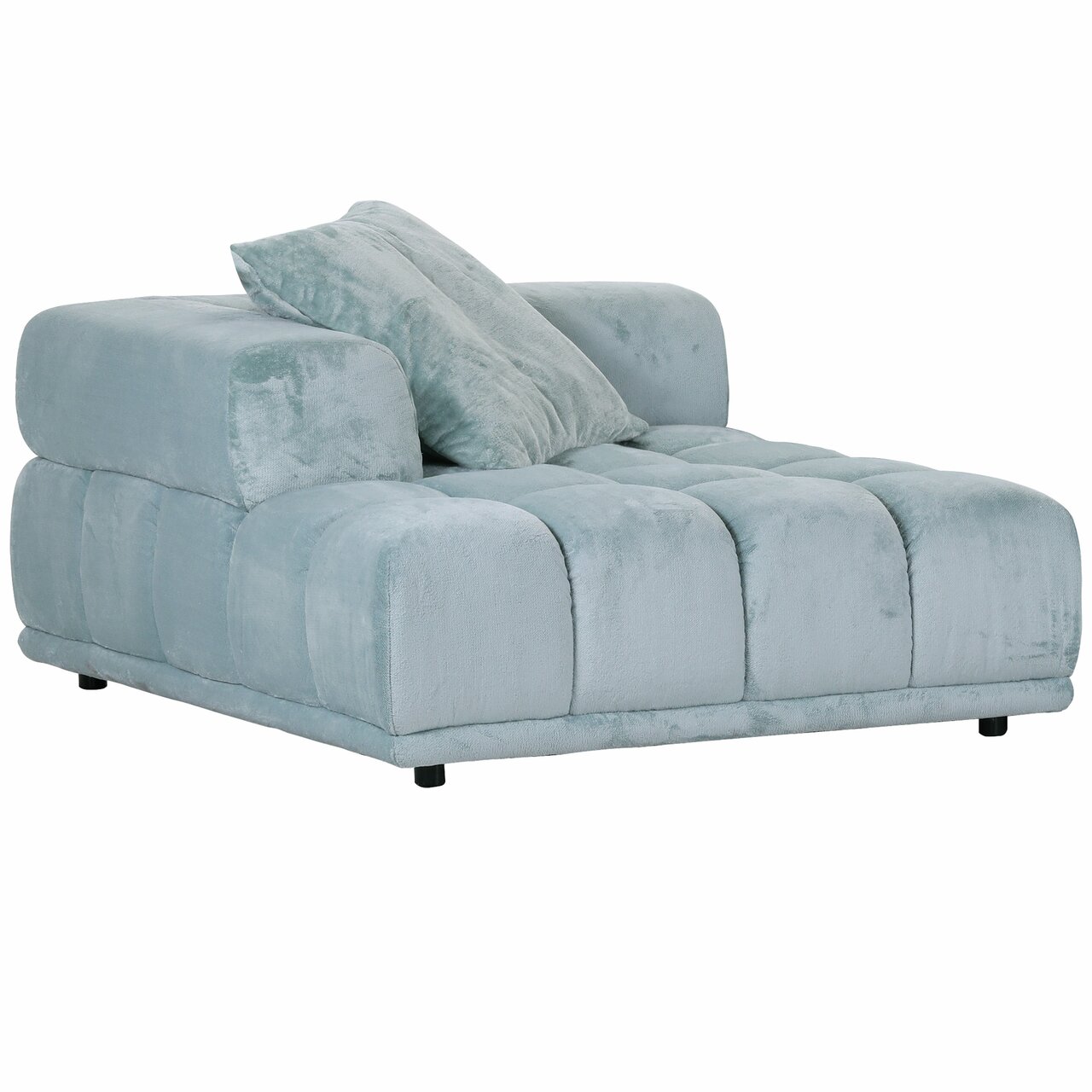 Großes, modernes Big-Sofa in hellblauem Stoff mit Kissen, seitliche Perspektive