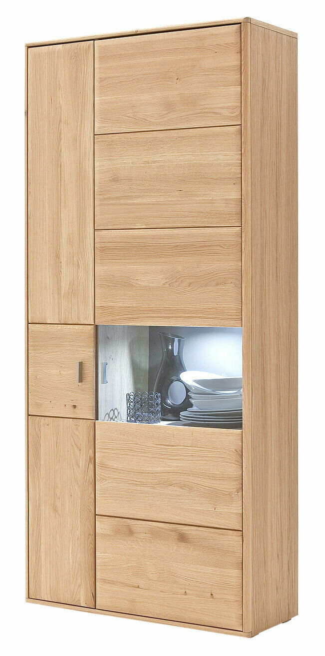 Vitrine aus hellem Holz mit Glaseinsatz, seitliche Perspektive