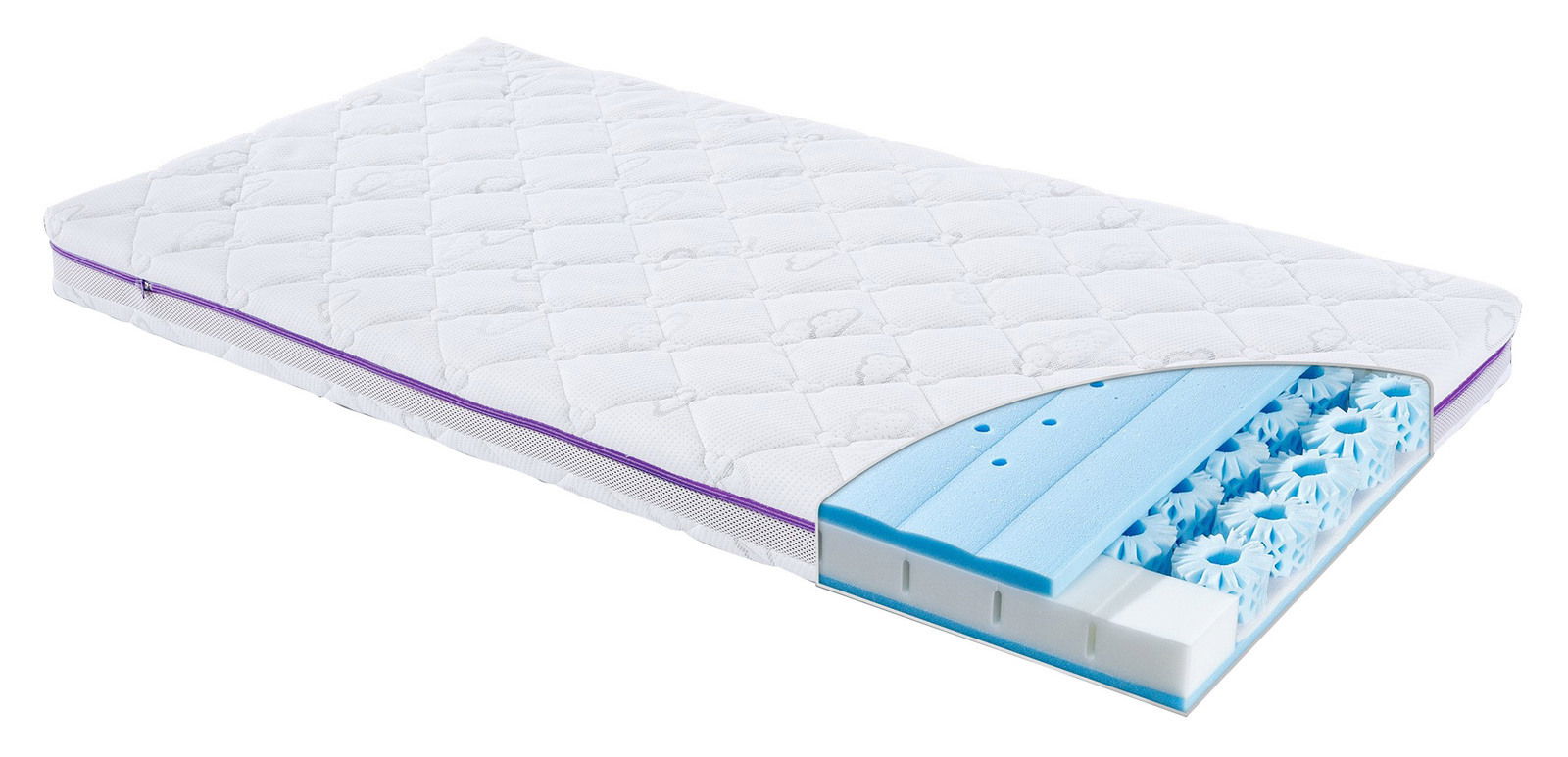 Matratze 70x140 mit offenem Schnitt, der die mehrschichtige Struktur und blaue Schaumstoffelemente zeigt, perspektivisch von der Seite fotografiert.