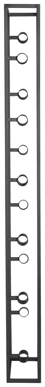 Schwarzes, hohes Weinregal aus Metall mit seitlicher Perspektive, das Platz für mehrere Flaschen bietet.