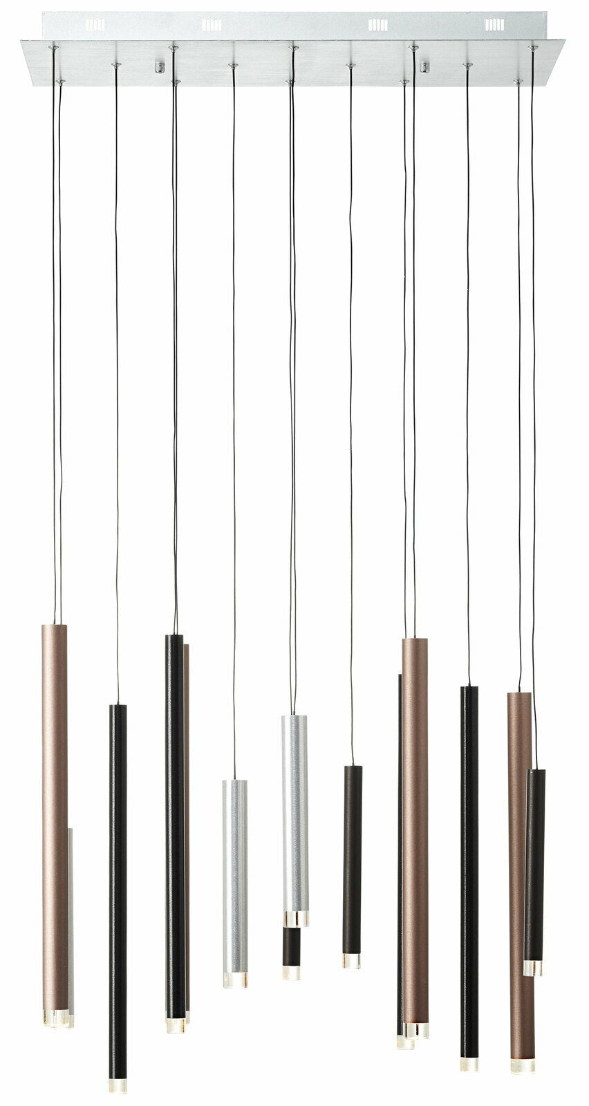 Moderne Hängelampe mit mehreren zylinderförmigen Leuchten in verschiedenen Farben, von unten betrachtet.