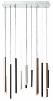 Moderne Hängelampe mit mehreren zylinderförmigen Leuchten in verschiedenen Farben, von unten betrachtet.