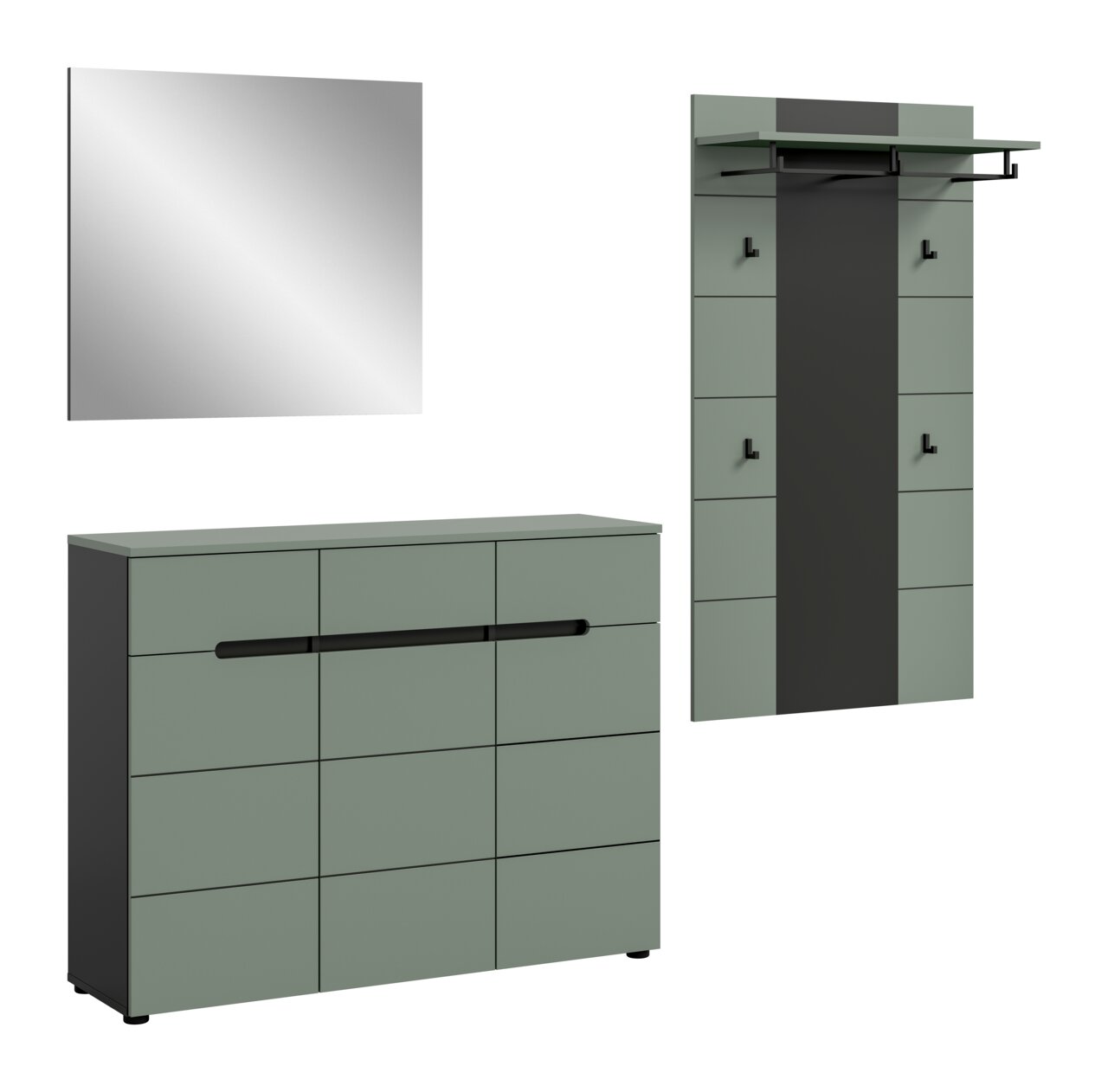 MID.YOU Garderobenkombination CANU Modernes Garderoben-Set in Salbeigrün und Anthrazit mit Schuhschrank, Wandgarderobe mit Ablage und Haken sowie Spiegel, dargestellt in Frontansicht mit leichter Perspektive (3/4-Ansicht) auf weißem Hintergrund.