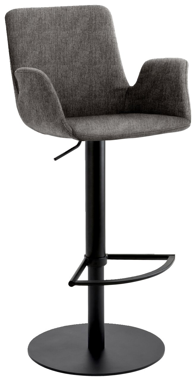 Moderne barkruk met grijze stoffen bekleding en zwart metalen frame, zijaanzicht