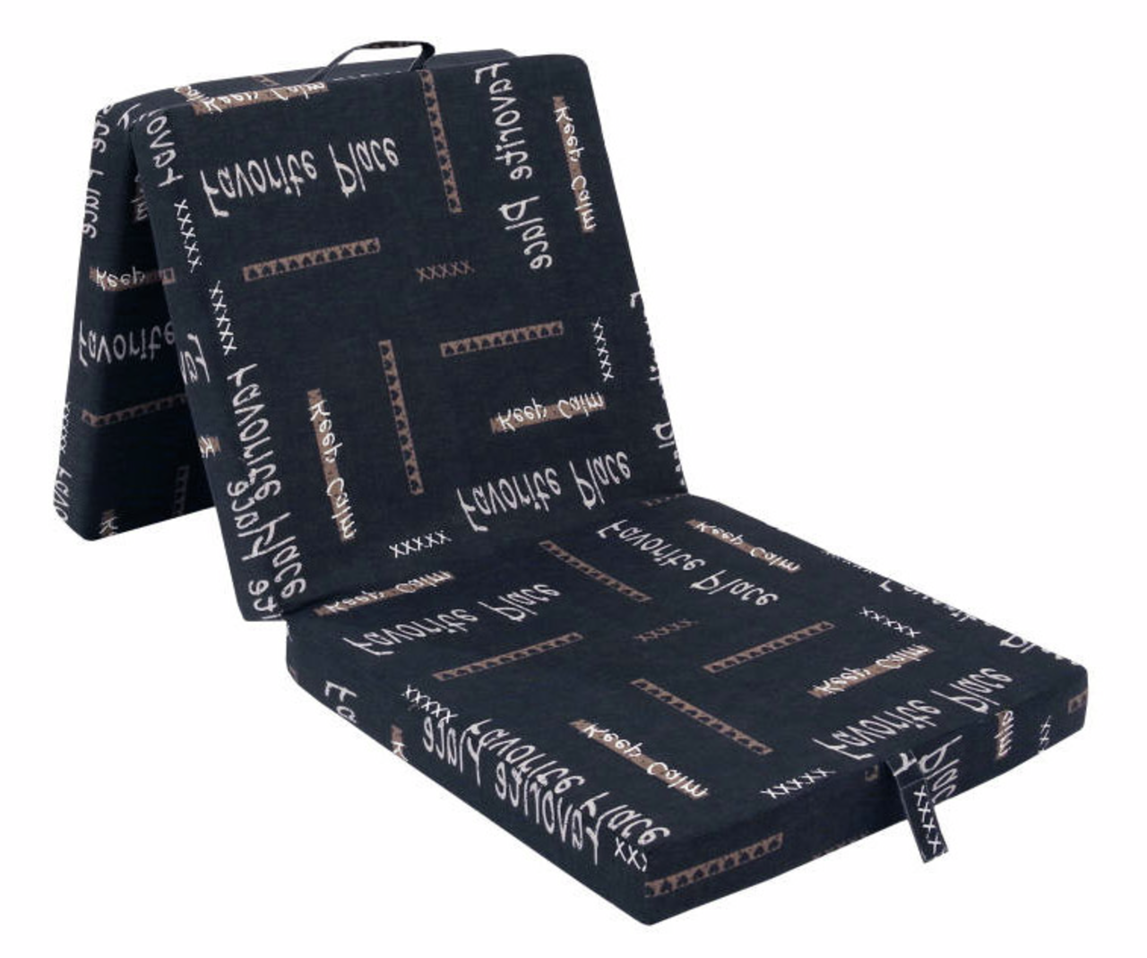 Faltmatratze in Schwarz mit Schriftmuster, perspektivisch von der Seite und oben gezeigt