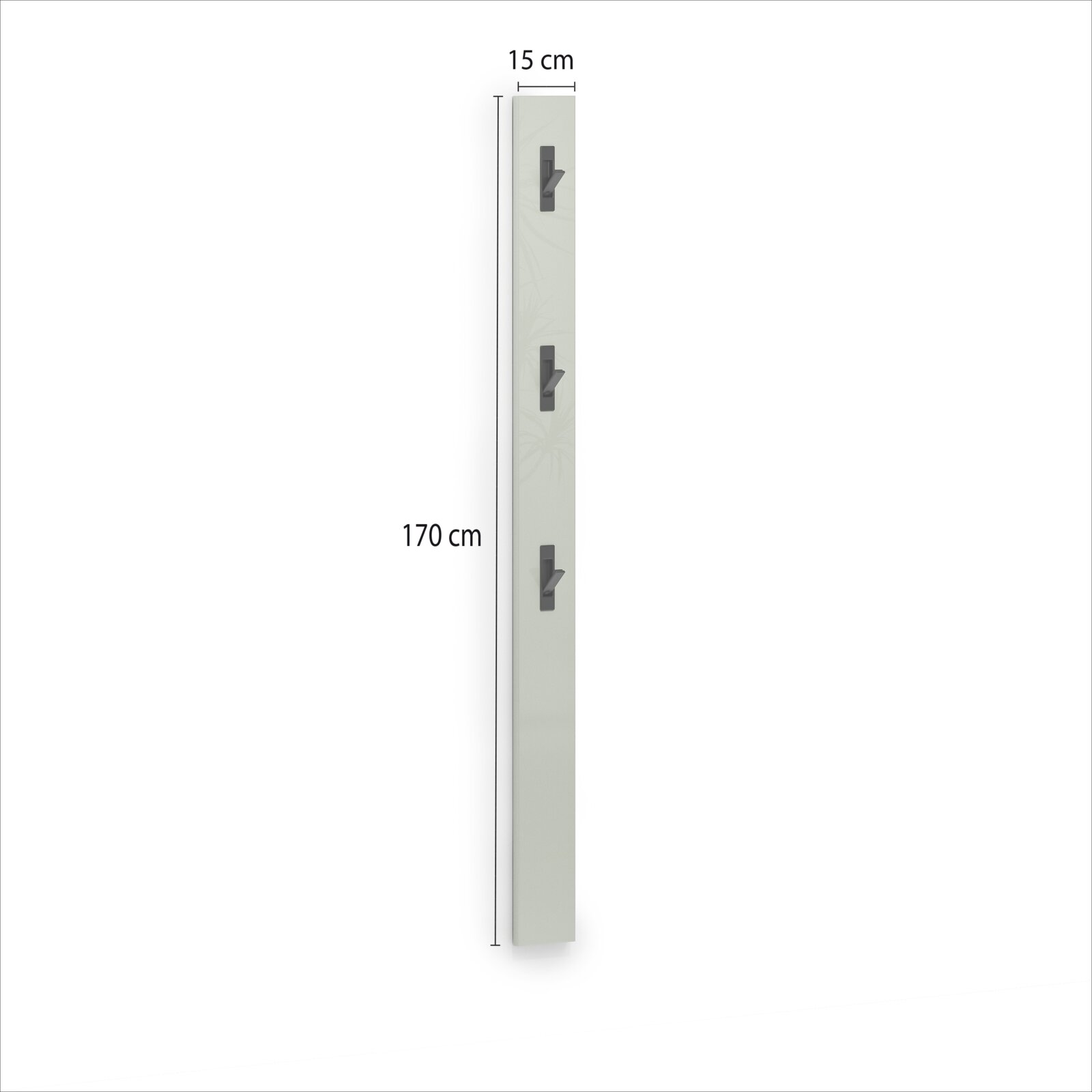 Garderobenleiste mit drei Haken, vertikale Perspektive, Maße 170 cm hoch und 15 cm breit