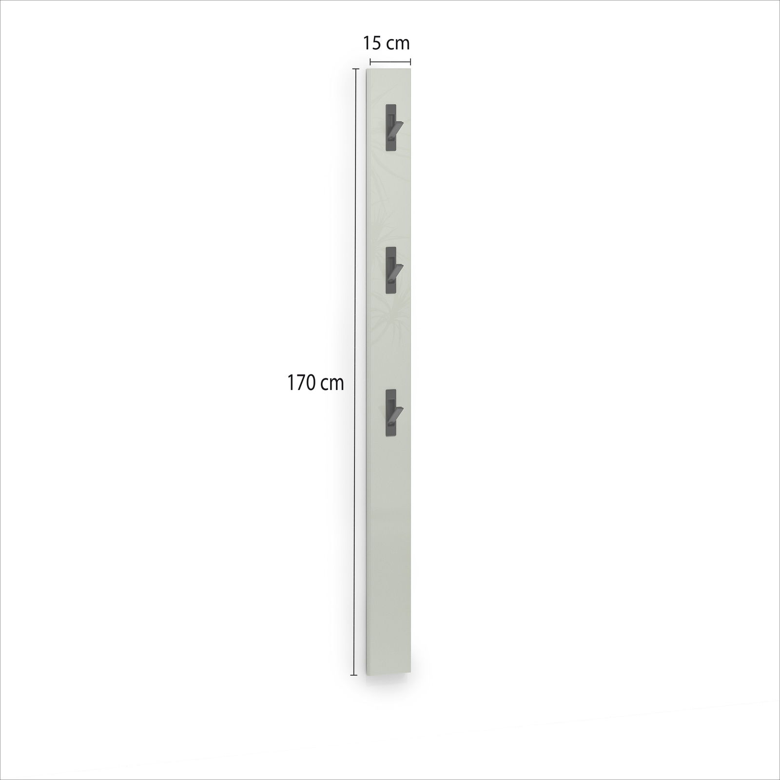 Garderobenleiste mit drei Haken, vertikale Perspektive, Maße 170 cm hoch und 15 cm breit
