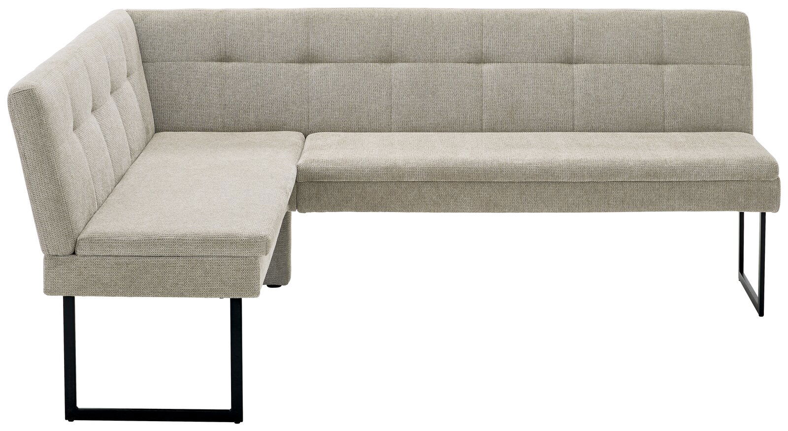 Eckbank in hellgrauem Stoff mit schwarzem Metallgestell, seitliche Perspektive