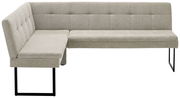 Eckbank in hellgrauem Stoff mit schwarzem Metallgestell, seitliche Perspektive
